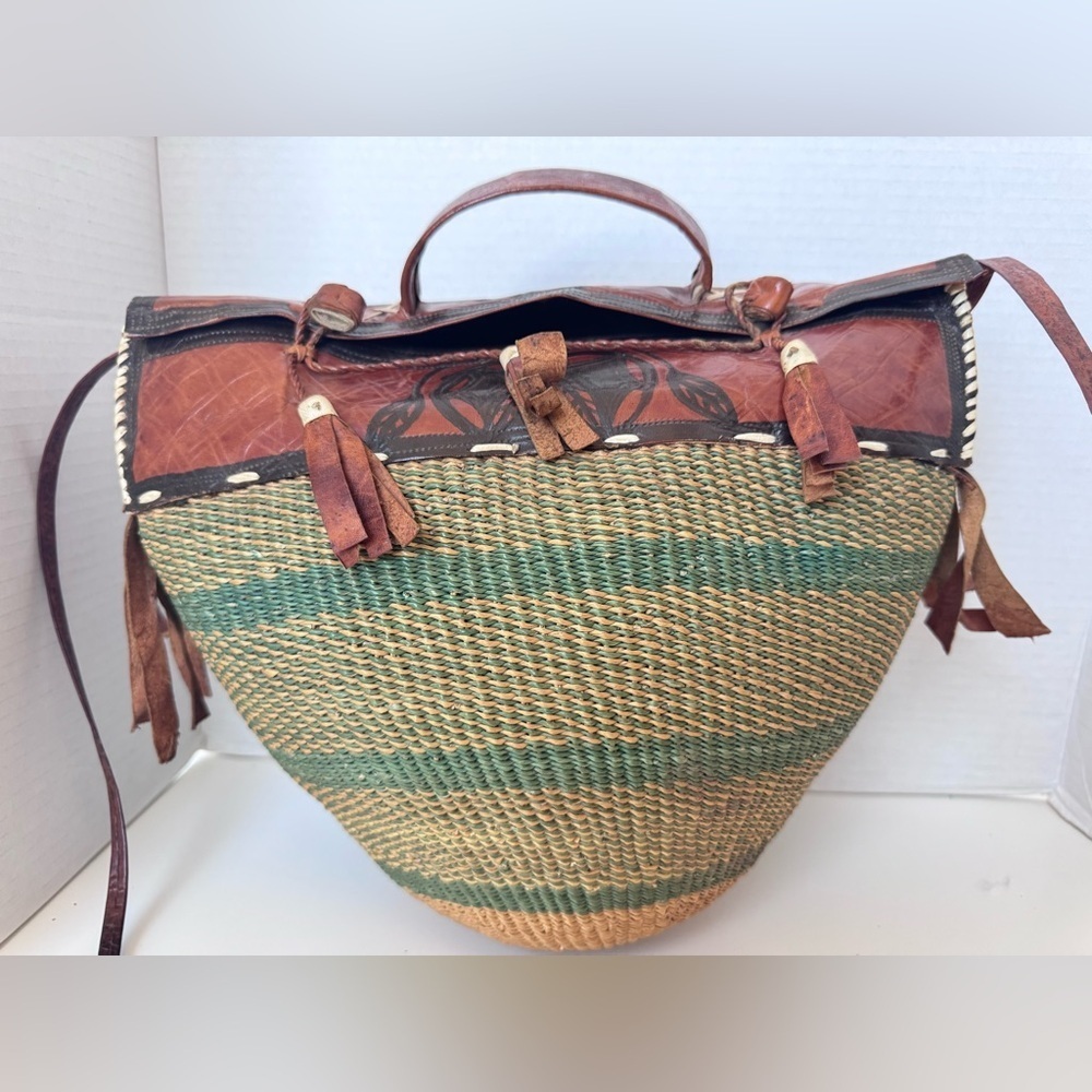 Vintage Boho Woven Tooled Leather Tote Beach Jute Bag Purse